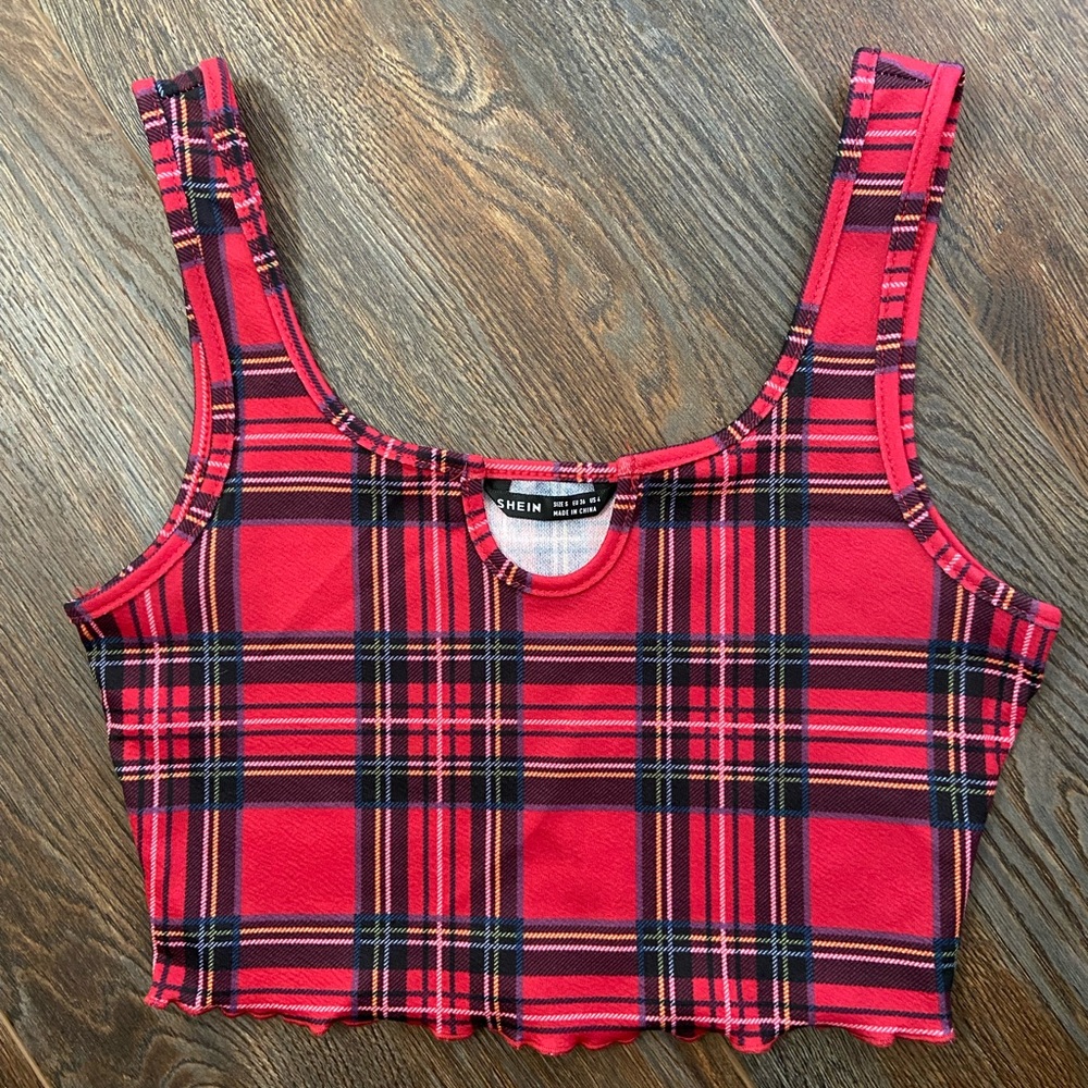 Shein red tartan plaid cropped tank top